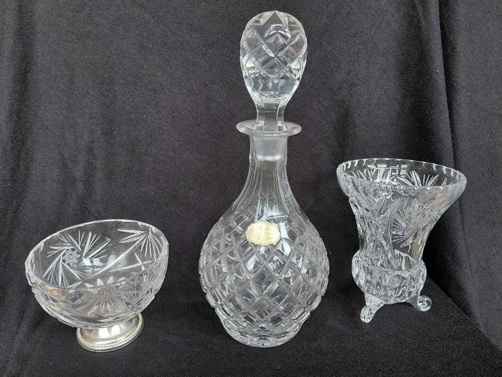 karaf & kom verzilverde voet & vaasje kristal vintage, Antiek en Kunst, Antiek | Glas en Kristal, Ophalen