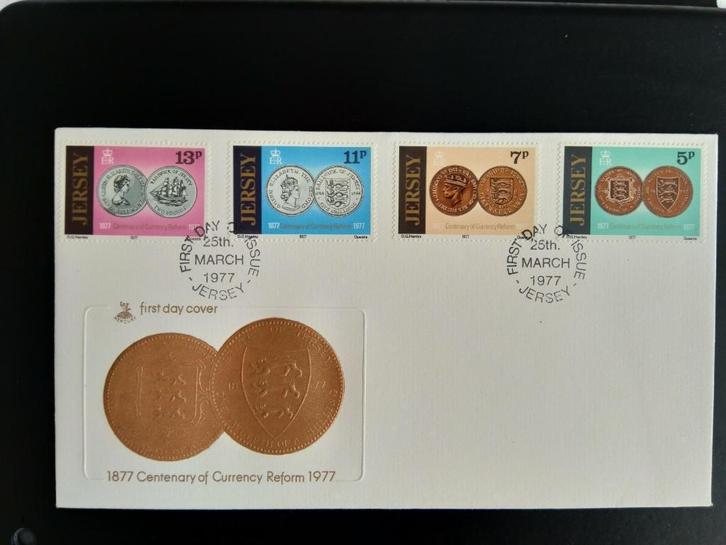 FDC Jersey 1977 - 100 jaar monetaire hervorming (Mi 160-163), Postzegels en Munten, Postzegels | Eerstedagenveloppen, Onbeschreven