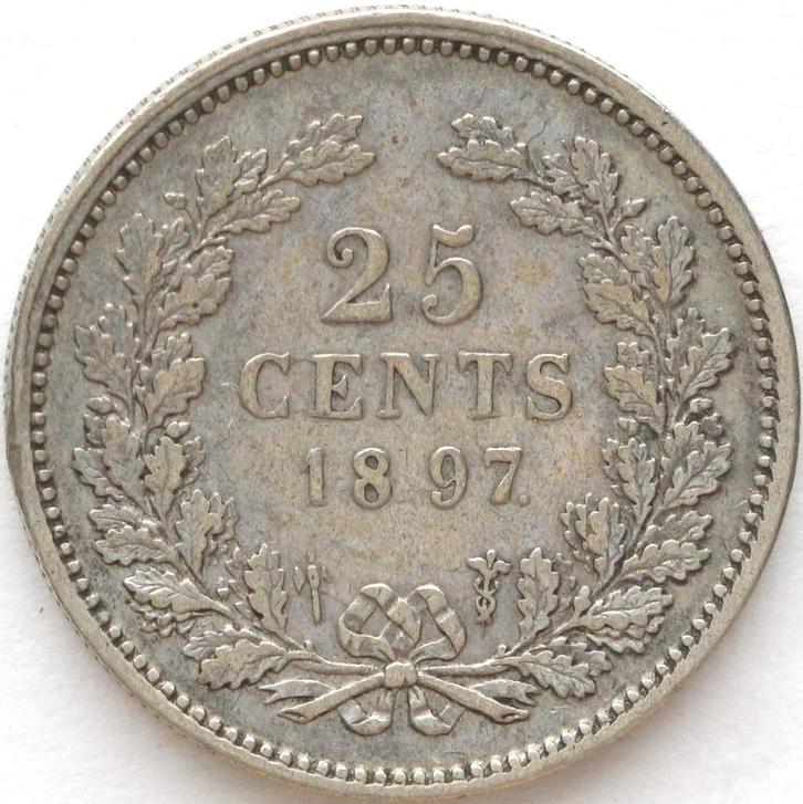 XntriQ-Coins - zilveren 25 cent 1897 Wilhelmina, Postzegels en Munten, Munten | Nederland, Losse munt, 25 cent, Koningin Wilhelmina