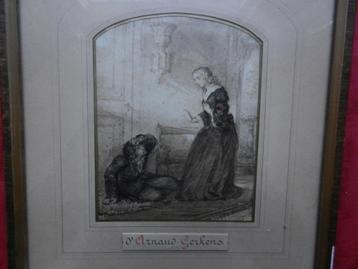 Aquarel Interieur m, figuren JC d Arnoud Gerkens (1823-1892) beschikbaar voor biedingen