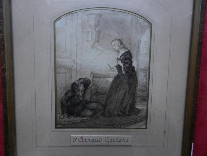 Aquarel Interieur m, figuren JC d Arnoud Gerkens (1823-1892), Antiek en Kunst, Kunst | Tekeningen en Foto's, Ophalen of Verzenden