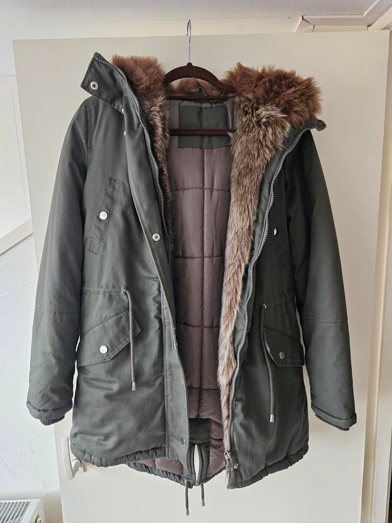 Groene winterjas met bontkraag - Maat S, Ophalen, Maat 36 (S), Groen, Onbekend