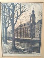 Ets ingelijst Academiegebouw Leiden, Antiek en Kunst, Kunst | Etsen en Gravures, Ophalen of Verzenden