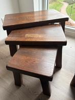 3 donker eiken bijzettafeltjes, Huis en Inrichting, Tafels | Bijzettafels, Ophalen, Minder dan 45 cm, Minder dan 55 cm, Gebruikt