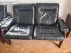 Gratis - Vintage bank  Denemarken zwart leer hout jaren 60, Ophalen, Gebruikt, Minder dan 150 cm, Hout
