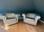 2 Zilveren Chesterfield Fauteuils, Huis en Inrichting, Fauteuils, Ophalen, Gebruikt, Leer, 75 tot 100 cm