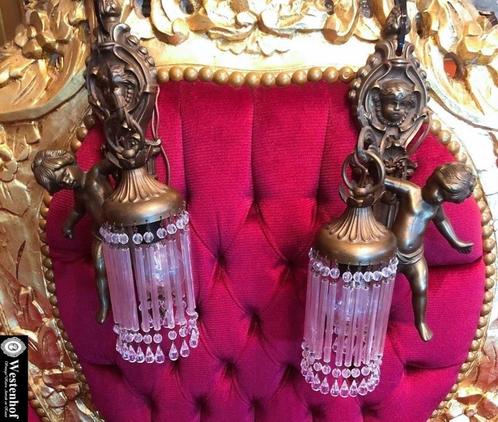 2 Wandlampen antiek barok engelen beelden brons met kristal, Huis en Inrichting, Lampen | Wandlampen, Metaal, Overige materialen