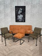 Set eetkamerbank Sam + 3 stoelen cognac groen *showroom, Huis en Inrichting, Stoelen, Vijf, Zes of meer stoelen, Gebruikt, Stof