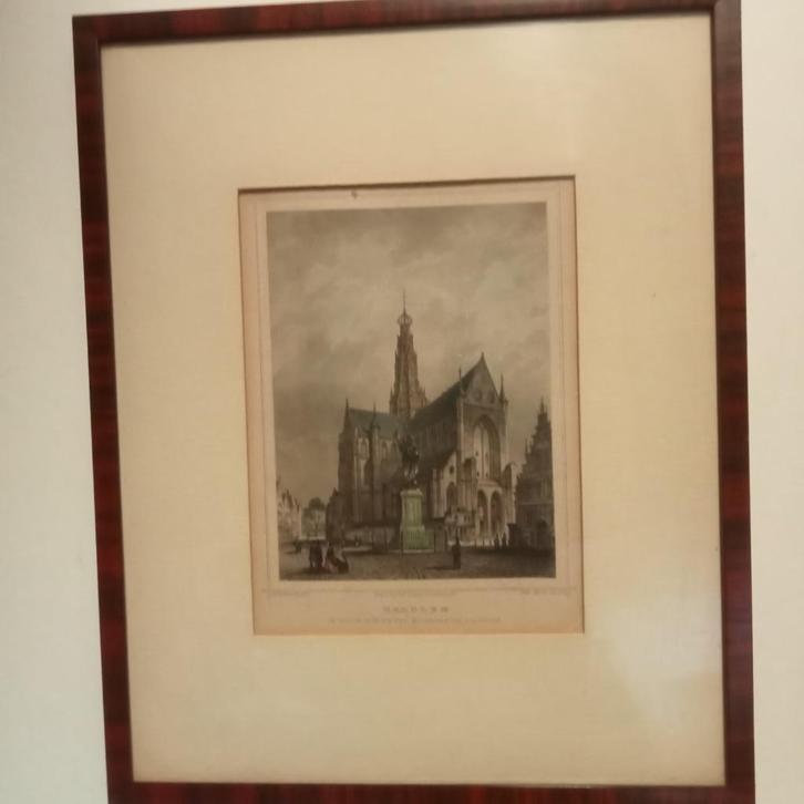 Haarlem Groote Kerk en het standbeeld van L.Jz. Coster 1858, Antiek en Kunst, Kunst | Etsen en Gravures, Ophalen of Verzenden