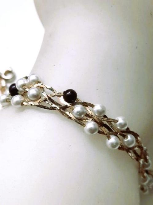 Armbandje gouddraad met pareltjes w.o. 4 zwarte (7969-25), Sieraden, Tassen en Uiterlijk, Armbanden, Zo goed als nieuw, Ophalen