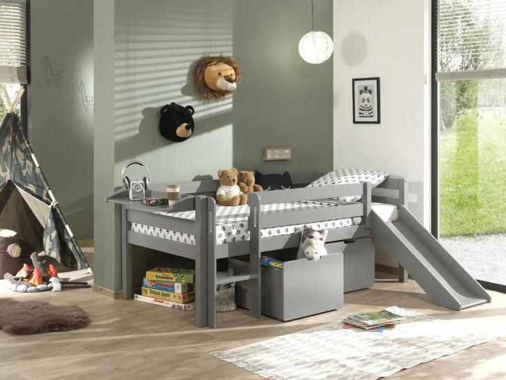 Pino halfhoogslaper laag met glijbaan - 90x200 - Grijs, Huis en Inrichting, Slaapkamer | Stapelbedden en Hoogslapers