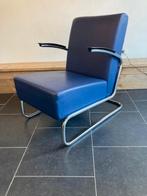 Gispen 405 fauteuil , chroom, donkerblauw leder, Huis en Inrichting, Fauteuils, Gebruikt, Design, 75 tot 100 cm, Metaal