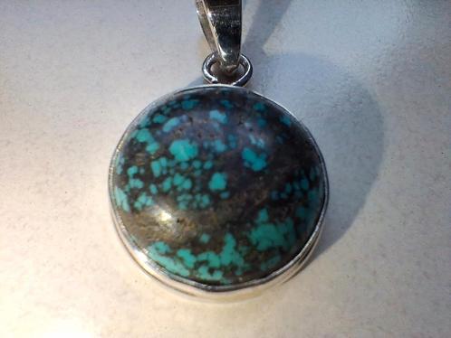 Ronde 925 stering zilveren hanger met Turquoise., Sieraden, Tassen en Uiterlijk, Kettinghangers, Nieuw, Zilver, Overige kleuren