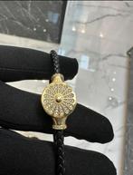 14k Rolleman Leren Armband met zirkonia, Ophalen of Verzenden, Zo goed als nieuw, Leer