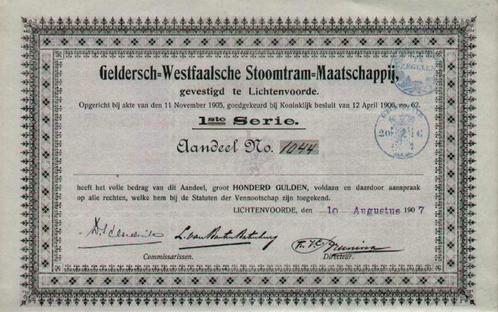 Aandeel Geldersch-Westfaalsche Stoomtram Mij -1907 -overdruk, Postzegels en Munten, Aandelen en Waardepapieren, Aandeel, Voor 1920