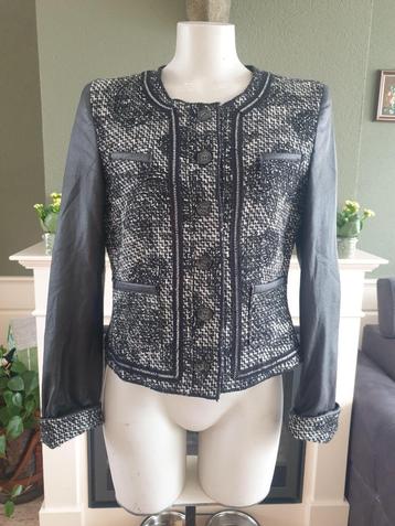 Scarva schitterend zwart wit tweed jasje met leer look M 40 beschikbaar voor biedingen