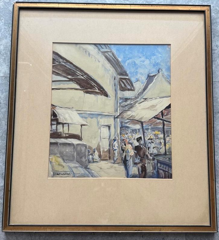 Aquarel door Soewardja, impressionistisch markttafelreel, Antiek en Kunst, Kunst | Schilderijen | Modern, Ophalen of Verzenden