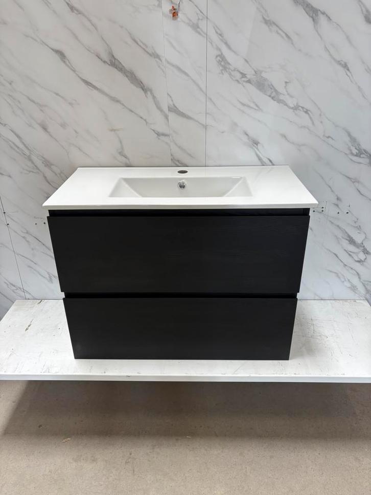 Badkamermeubel 80cm - zwart eiken- keramische wastafel, Huis en Inrichting, Badkamer | Badkamermeubels, Nieuw, Wastafelkast, Minder dan 100 cm