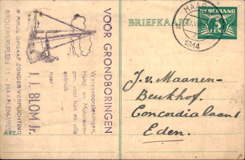 Haarlem - J. Blom Grondboringen - 1944, Ophalen of Verzenden, 1940 tot 1960, Gelopen, Noord-Holland