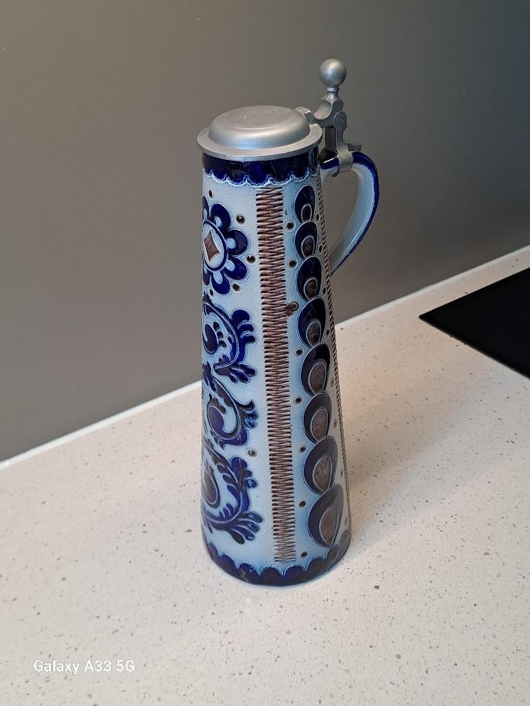 Bierkan met tinnen deksel, Antiek en Kunst, Antiek | Keramiek en Aardewerk, Ophalen