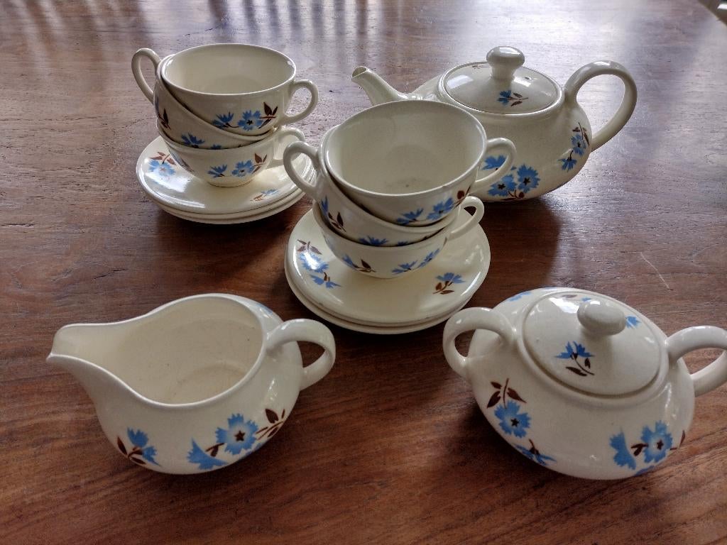 Theeservies met blauwe korenbloemen, Gebruikt, Ophalen of Verzenden, Overige stijlen, Aardewerk