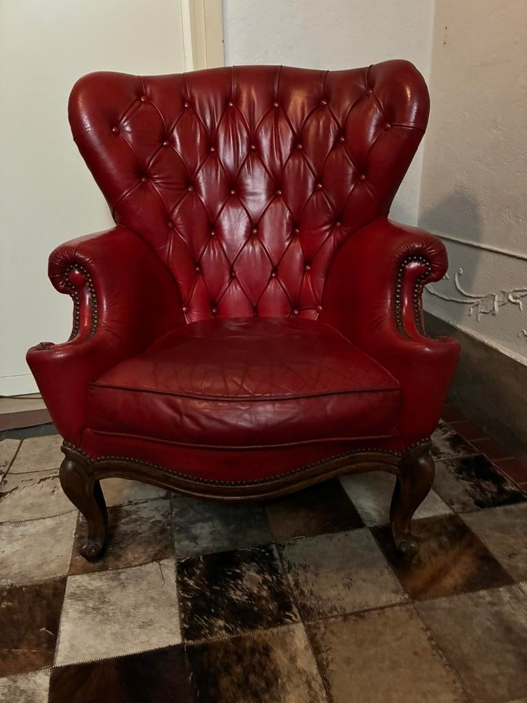 CHESTERFIELD FAUTEUIL WARME KLEUR ENGELS ROOD LEDER, Ophalen, Zo goed als nieuw, 75 tot 100 cm