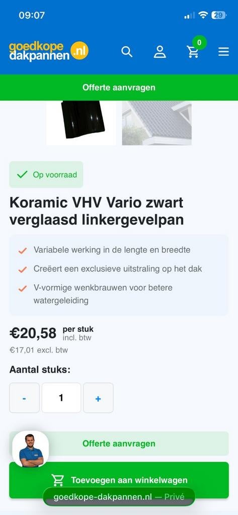 Koramic VHV Vario Zwart Verglaasd Linkergevelpan, Ophalen