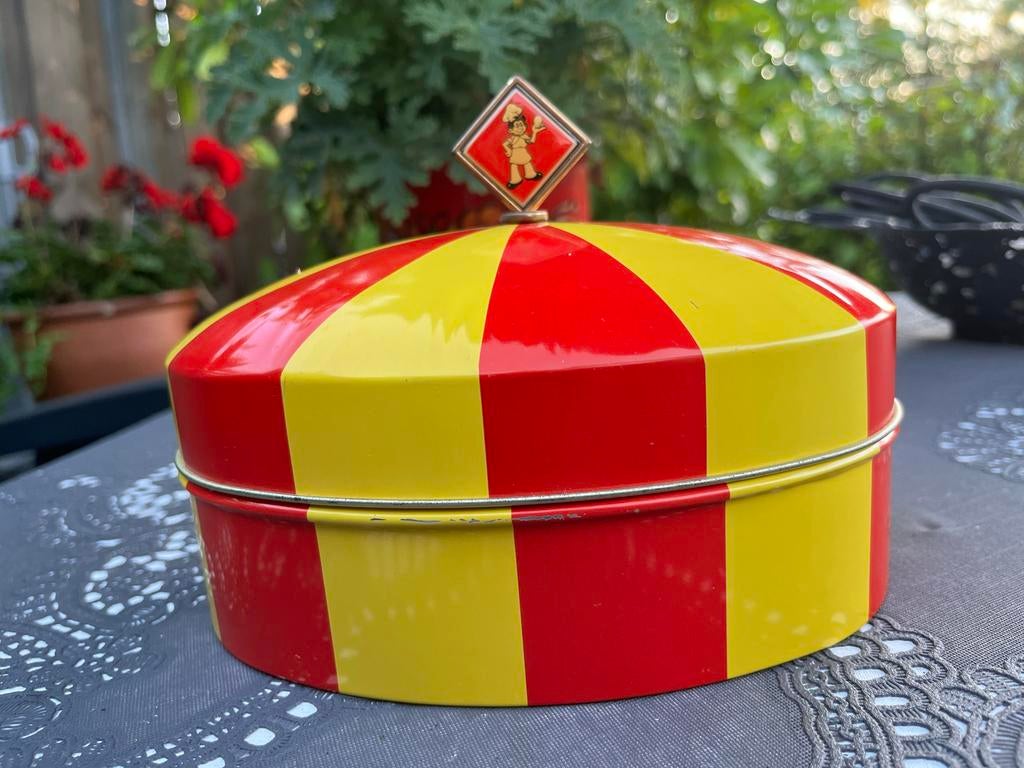 Rood-gele blikken trommel, Antiek en Kunst, Ophalen of Verzenden