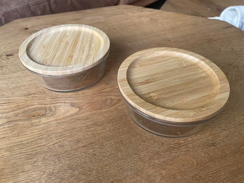 Ikea glazen bakjes 0.4l 2x bamboe deksel, Huis en Inrichting, Keuken | Keukenbenodigdheden, Ophalen of Verzenden, Zo goed als nieuw