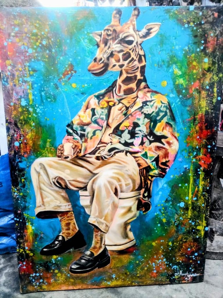 Schilderij giraffe op toilet, 80x60 cm, Ophalen of Verzenden