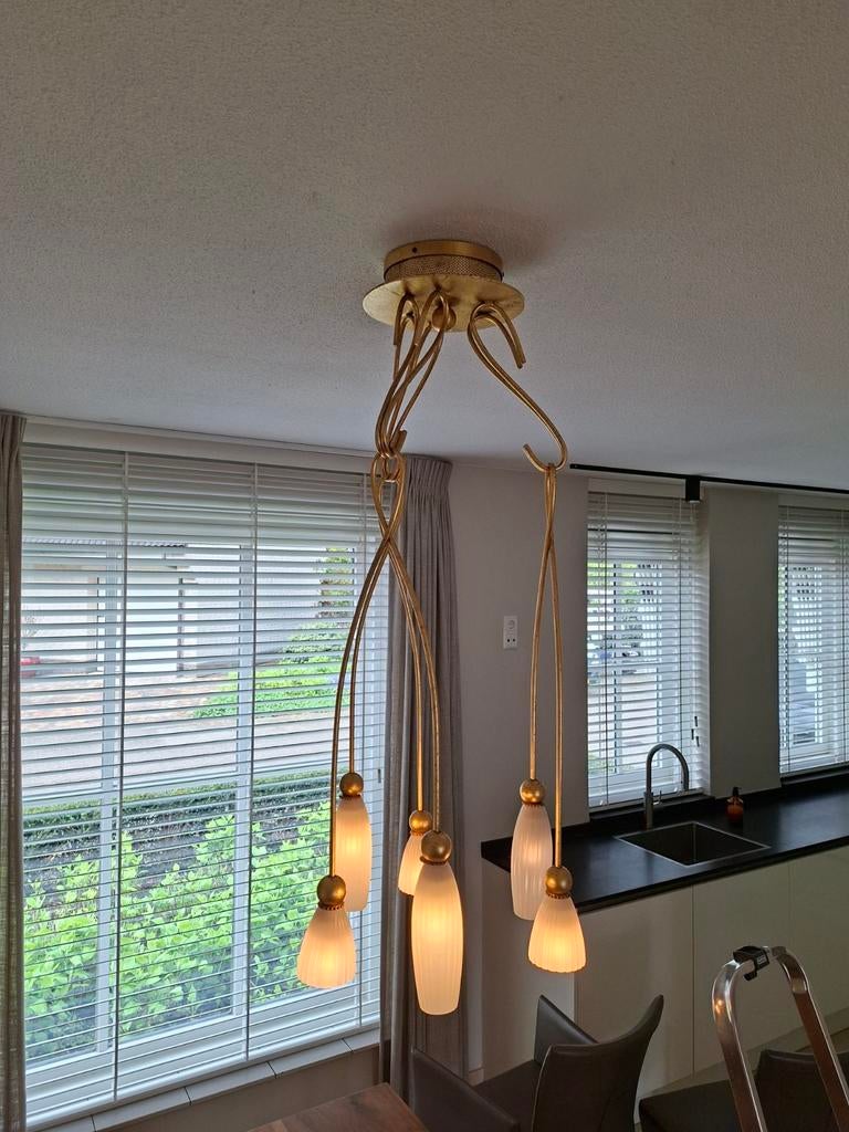 Bijzondere Terzani hanglamp met 6 witte glazen kelken, Gebruikt, Modern, Design, Italiaans, Ophalen of Verzenden, Glas