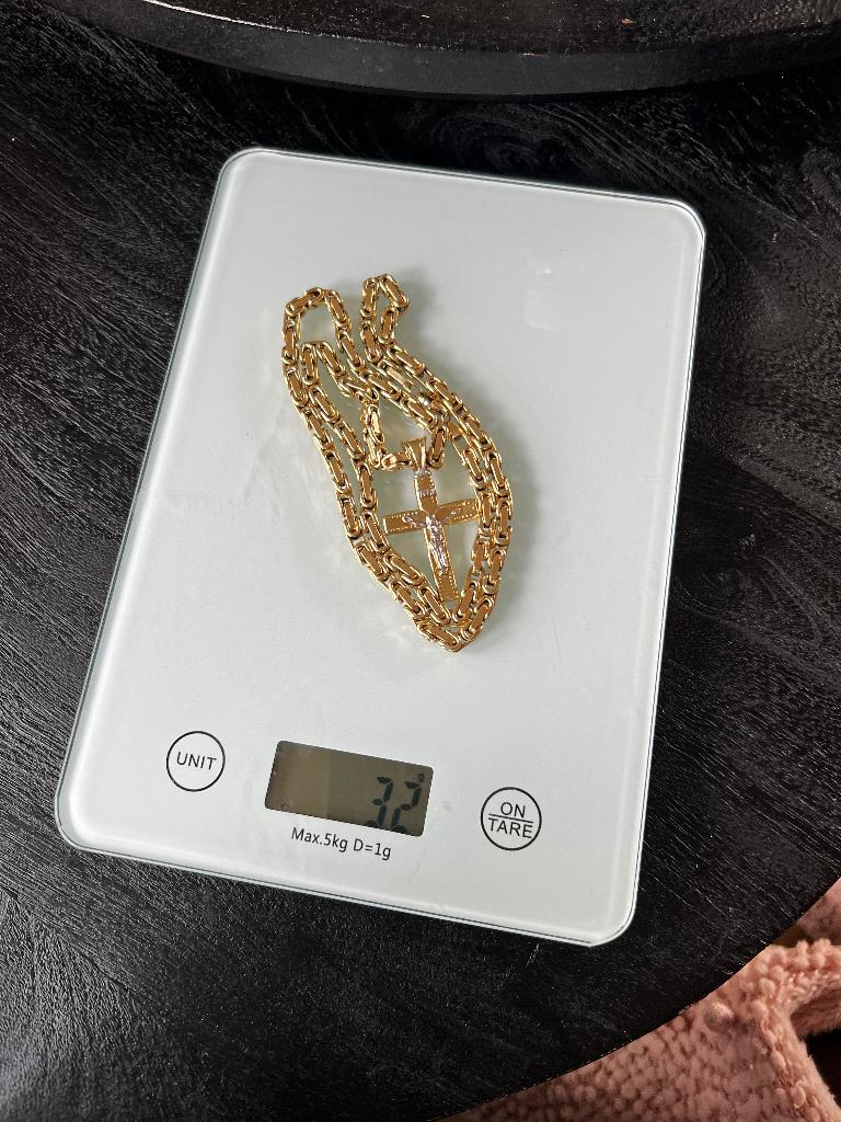 Massieve 14k Gouden Koningsketting met Kruisje 32gram -60 cm, Ophalen of Verzenden, Zo goed als nieuw, Goud, Goud