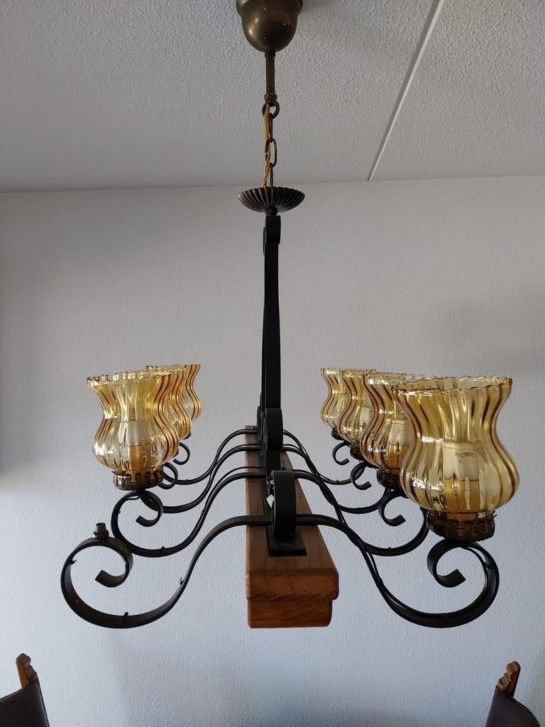 Hanglamp, eikenhout met 8 lampjes., Huis en Inrichting, Lampen | Kroonluchters, Ophalen of Verzenden