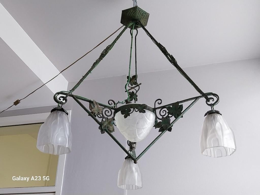 Art Deco kroonluchter Degué gesigneerd hanglamp glas ijzer, Ophalen