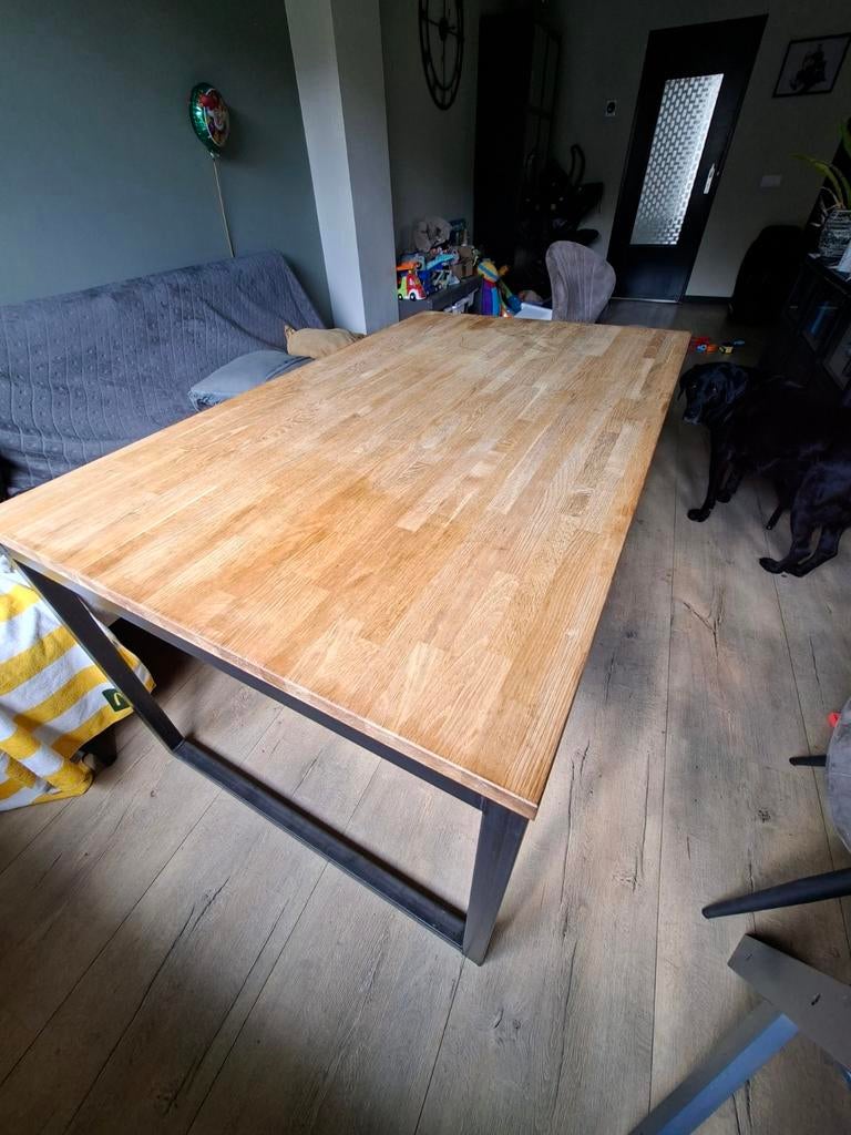 Houten eettafel met stalen frame, Overige houtsoorten, Gebruikt, 200 cm of meer, Rechthoekig