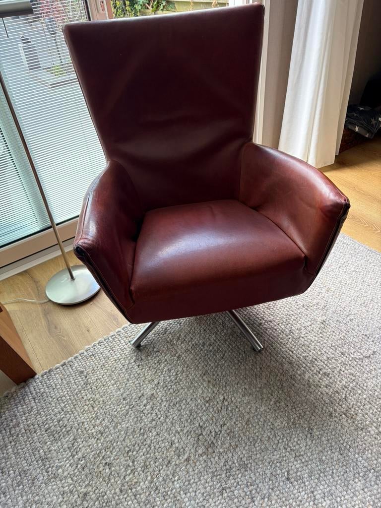 Label draaifauteuil Foxx - roodbruin leer, geborsteld chroom, Huis en Inrichting, Fauteuils, Ophalen of Verzenden, Zo goed als nieuw