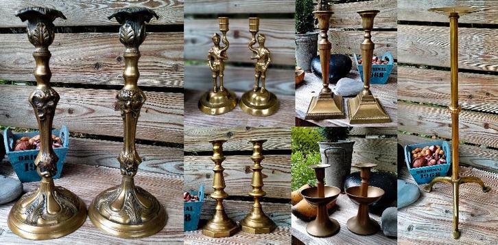 6x Antiek Koperen & Tin / Tinnen Kandelaars Kaarsenstandaard, Antiek en Kunst, Antiek | Kandelaars, Koper of Brons, Ophalen of Verzenden