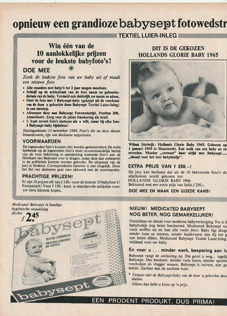 Retro reclame 1966 Babysept baby luiers inleggers wedstrijd, Verzamelen, Retro, Verzenden, Overige typen