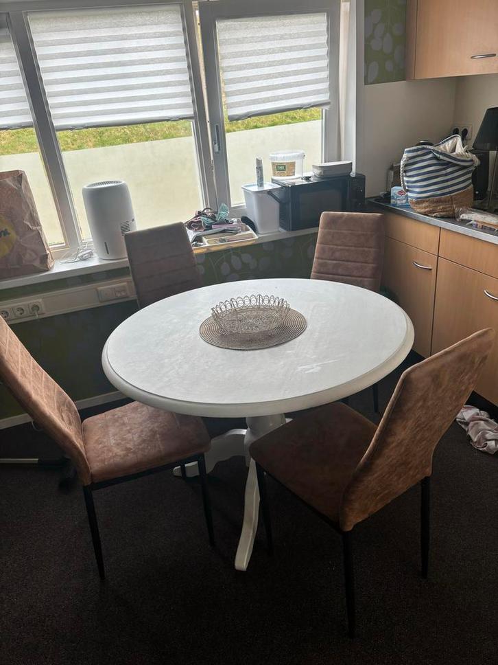 4 bruine eetkamerstoelen incl. Tafel, Huis en Inrichting, Stoelen, Zo goed als nieuw, Vier, Stof, Bruin, Ophalen