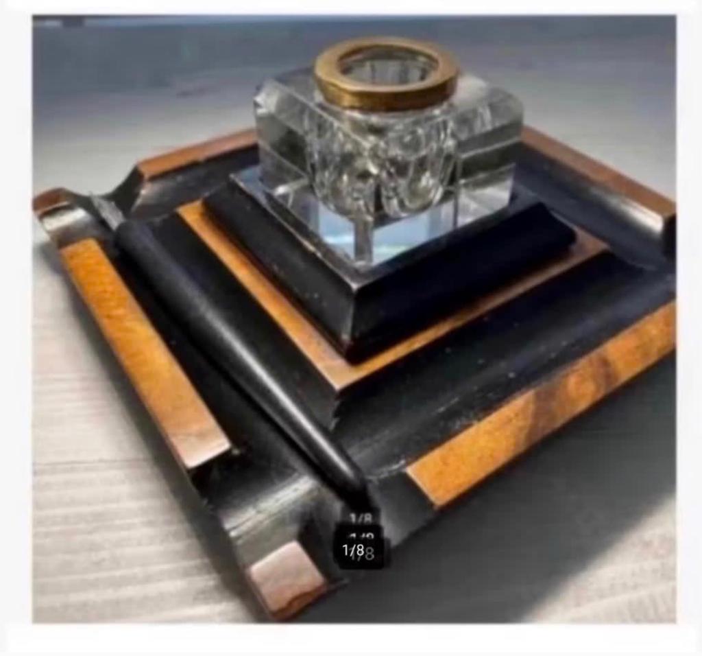 Antieke glazen inktpot op houten houder, Ophalen of Verzenden