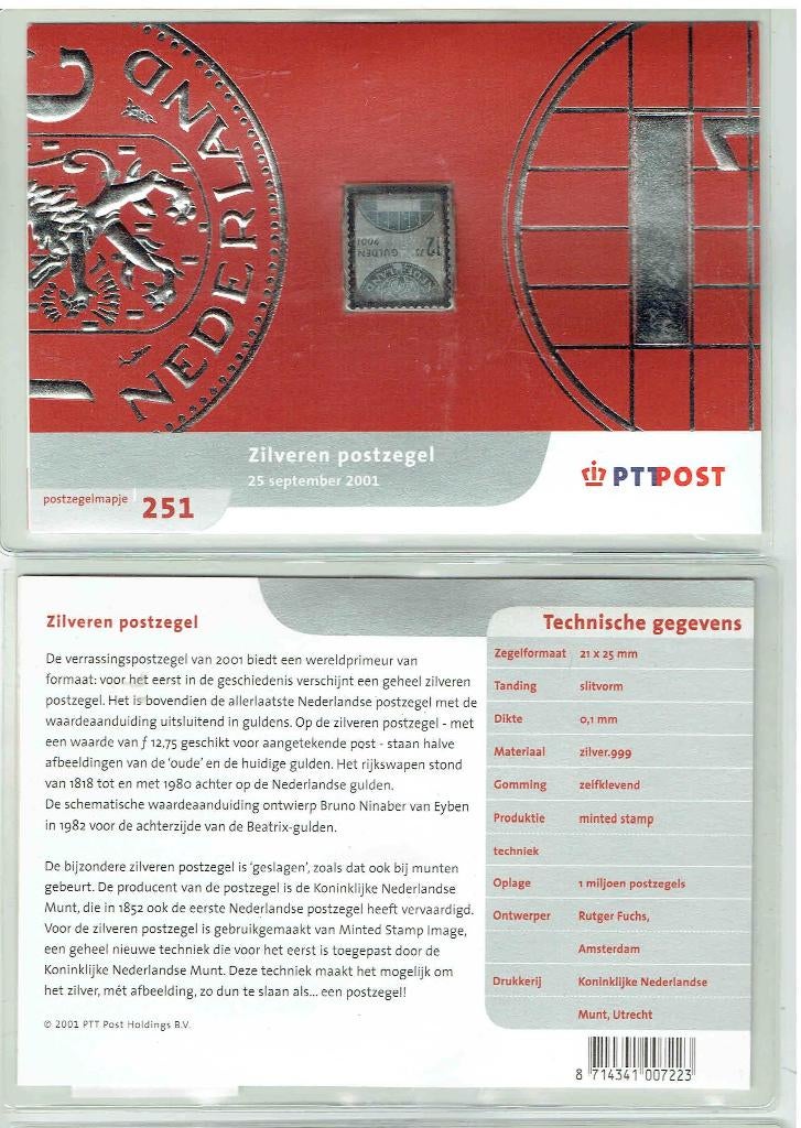 Nederland 251 Zilveren postzegel 2001 in mapje van uitgifte, Verzenden, Postfris, Overige thema's