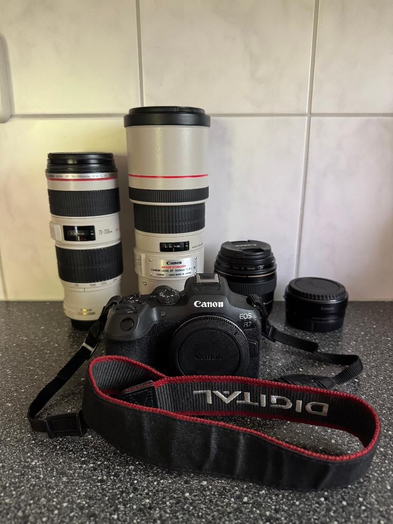 Canon EOS R7 set + 300mm f4L / 70-200 f4L / 85mm / RFadapter, Gebruikt, Spiegelreflex, Canon, Ophalen of Verzenden