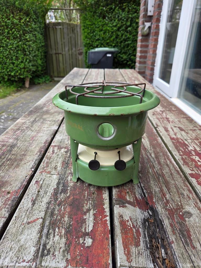 Vintage petroleumstel 2-pits, groen, met lange lonten, Ophalen of Verzenden