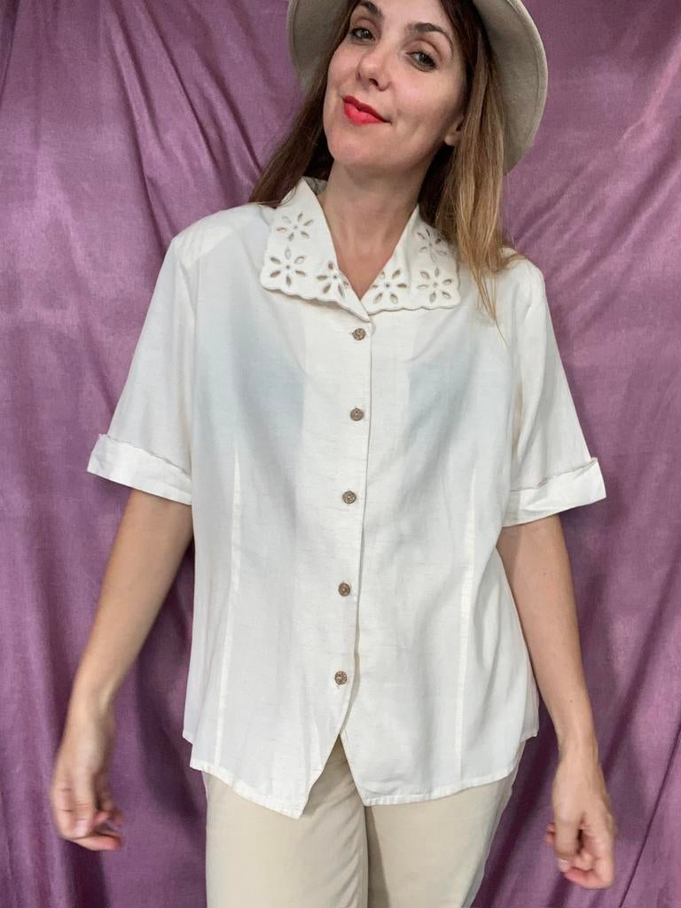 Vintage blouse / shirt - kraag - crème - 46 of oversized, Hgv, Beige, Hgv, Maat 46/48 (XL) of groter