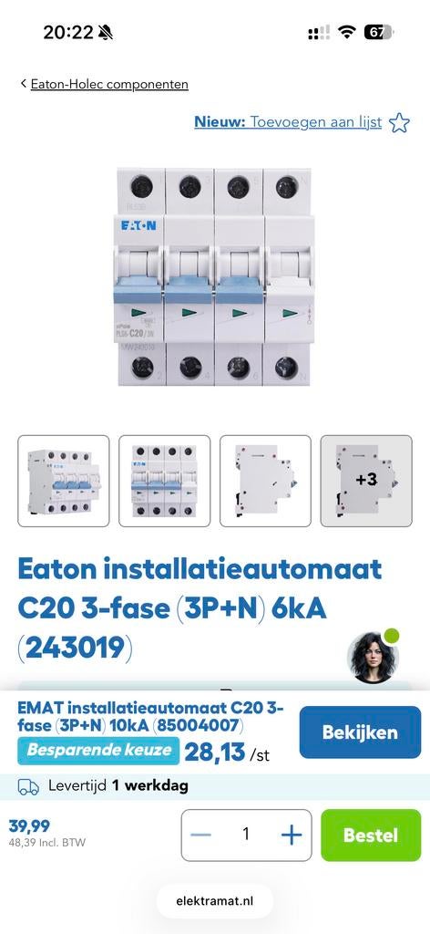 Eaton Installatieautomaat C20 3-fase (3P+N) 6kA, Ophalen of Verzenden, Gebruikt, Schakelaar