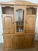 Houten kast met glazen deur., Ophalen, Gebruikt, 100 tot 150 cm, Met lade(s)