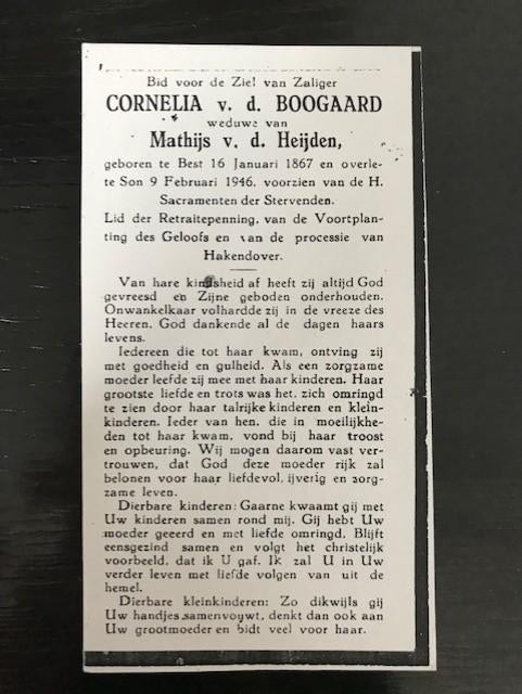 GEZOCHT: bidprentje Cornelia v.d. Boogaard geb 16-1-1867 Son, Verzamelen, Bidprentjes en Rouwkaarten, Ophalen of Verzenden, Bidprentje