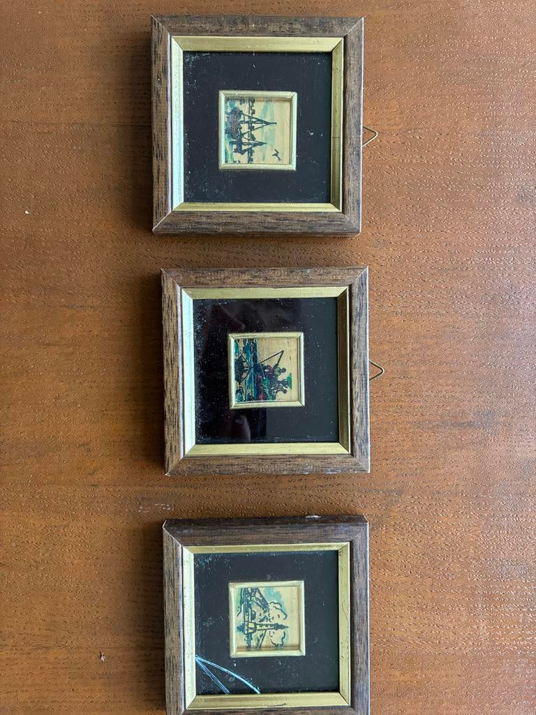 Set van 3 miniatuur schilderijtjes in lijst, Ophalen of Verzenden