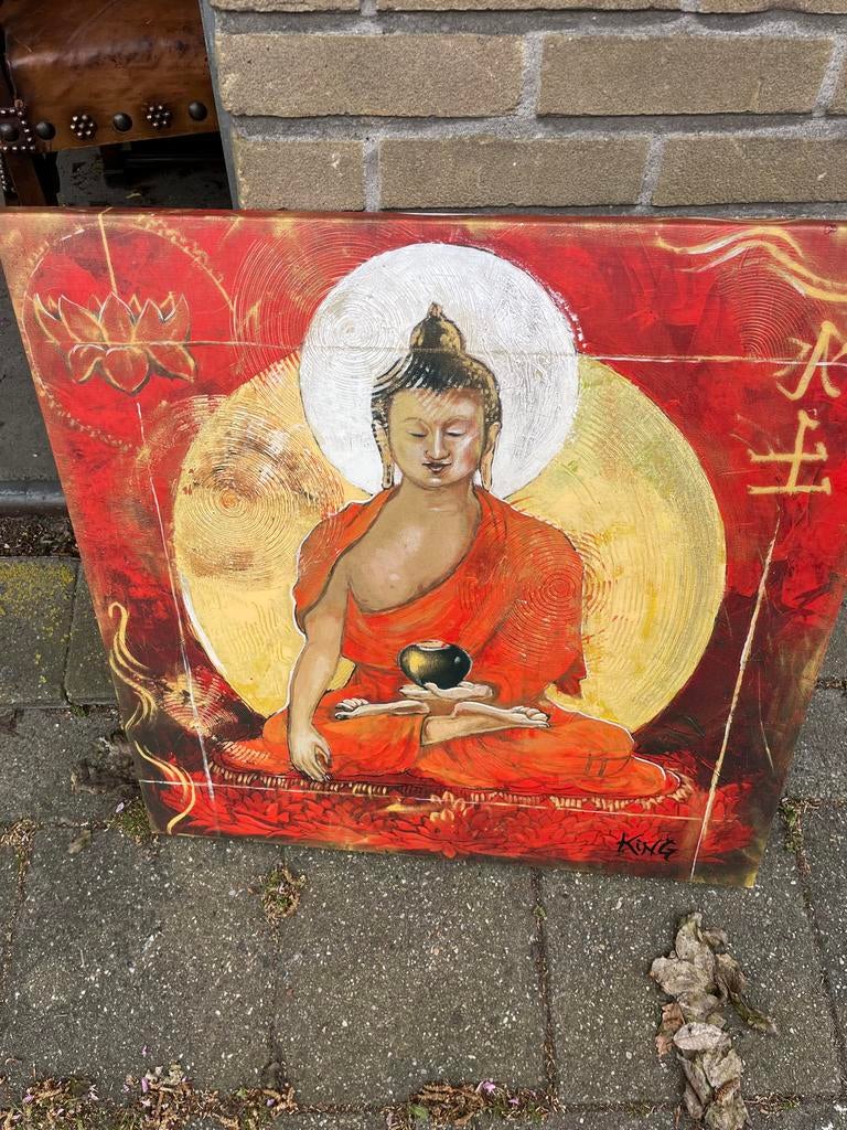 Boeddha schilderij op doek - Rood en goud, Ophalen of Verzenden