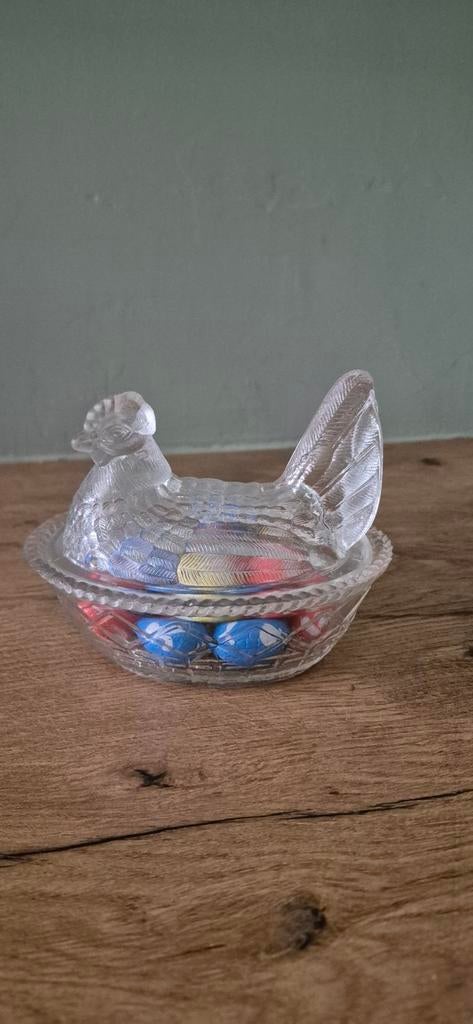 Glazen kip met schaal, Huis en Inrichting, Ophalen of Verzenden, Rond, Glas